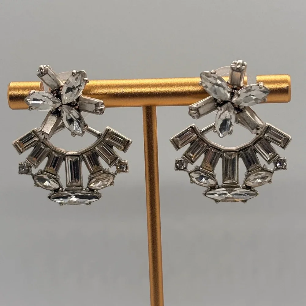 Stella Dot Earrings Fan Shape Crystal Statement Silver‎ Tone Studs Sparkle